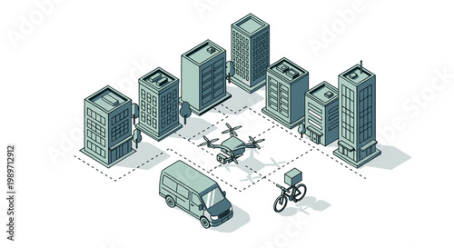 Isometric city with drone, delivery van, and bicycle courier.