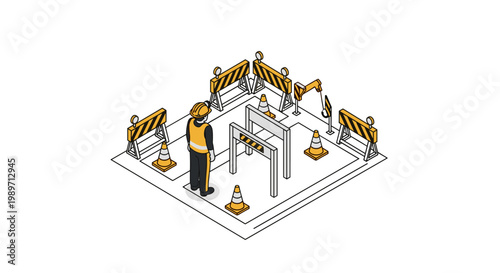 Isometric illustration of a construction worker overseeing a work in progress site.