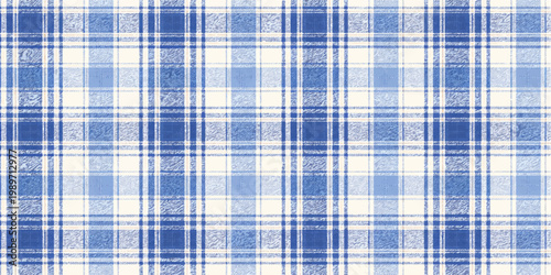 Seamless blue and white checkered gingham pattern featuring a classic plaid textile texture and tartan fabric design for wallpaper backdrops or tablecloth material decoration