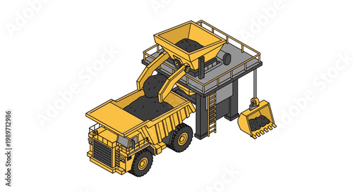 Isometric illustration of a large yellow dump truck being loaded with material at a mining facility.