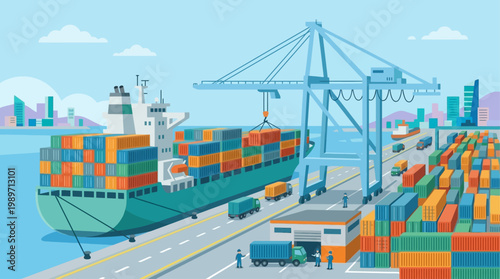 A vibrant flat design illustration capturing the dynamic activity of a seaport container terminal with ships, stacked containers, and a gantry crane.