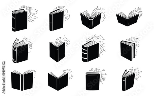 Minimalist vector illustration of diverse books in various open and closed positions showcasing dynamic motion with flying pages