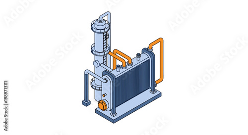 Isometric Industrial Heat Exchanger and Column System Illustration.