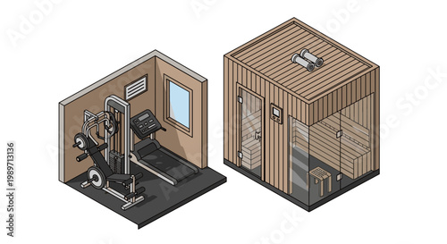 Isometric view of a home gym and a sauna room side by side.