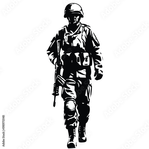 Determined military soldier in full combat uniform holding a rifle and walking ahead with purpose