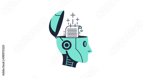 Teal robotic head with circuitry.