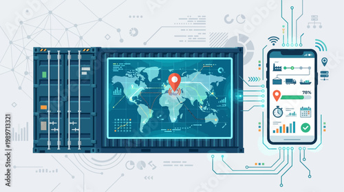 A cutting-edge flat design illustration depicting smart logistics and real-time container tracking with digital map overlays and smartphone integration.