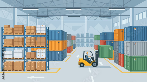 An organized flat design illustration of a warehouse interior, showcasing stacked shipping containers and efficient storage solutions. This graphic represents modern logistics and inventory management