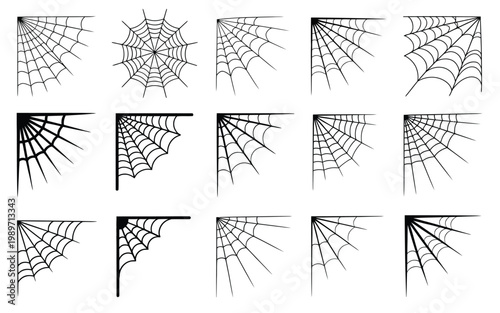 Detailed vector collection of intricate spider webs in various angles and perspectives isolated on a clean white background for versatile design use