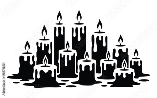 Black and white vector illustration of melting candles in varying heights dripping wax lit with flickering flames