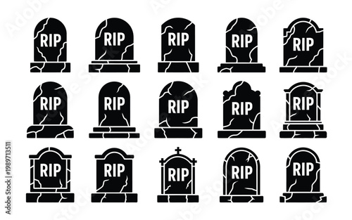 Collection of twelve minimalist tombstone silhouettes with bold rip text arranged in a grid isolated on a white background