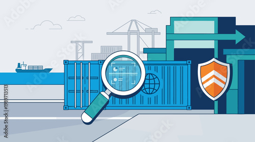 A conceptual flat design illustration depicting a shipping container undergoing customs inspection and security checks. This graphic highlights the importance of regulations