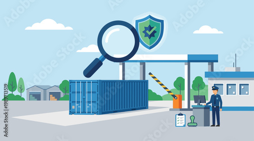 A conceptual flat design illustration depicting a shipping container undergoing customs inspection and security checks. This graphic highlights the importance of regulations