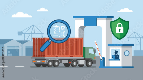 A conceptual flat design illustration depicting a shipping container undergoing customs inspection and security checks. This graphic highlights the importance of regulations