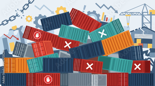 A compelling flat design illustration depicting a chaotic scene of jumbled shipping containers, symbolizing supply chain disruption and logistical delays. This graphic represents challenges in global 