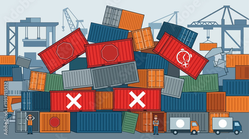 A compelling flat design illustration depicting a chaotic scene of jumbled shipping containers, symbolizing supply chain disruption and logistical delays. This graphic represents challenges in global 