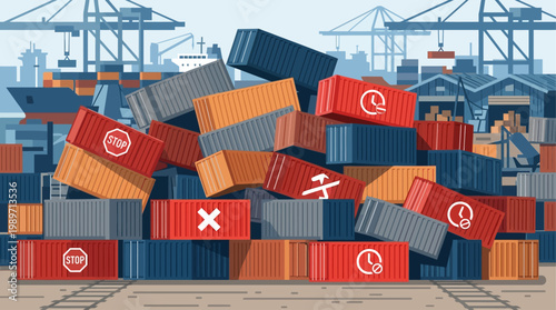 A compelling flat design illustration depicting a chaotic scene of jumbled shipping containers, symbolizing supply chain disruption and logistical delays. This graphic represents challenges in global 