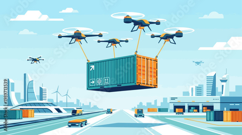 An innovative flat design illustration envisioning future logistics with a shipping container being transported by an array of delivery drones. This graphic highlights technological advancements