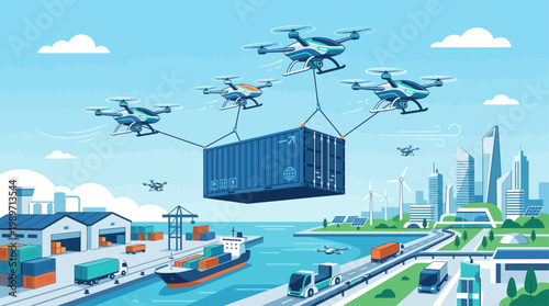 An innovative flat design illustration envisioning future logistics with a shipping container being transported by an array of delivery drones. This graphic highlights technological advancements