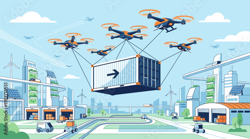 An innovative flat design illustration envisioning future logistics with a shipping container being transported by an array of delivery drones. This graphic highlights technological advancements