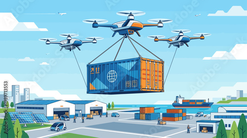 An innovative flat design illustration envisioning future logistics with a shipping container being transported by an array of delivery drones. This graphic highlights technological advancements