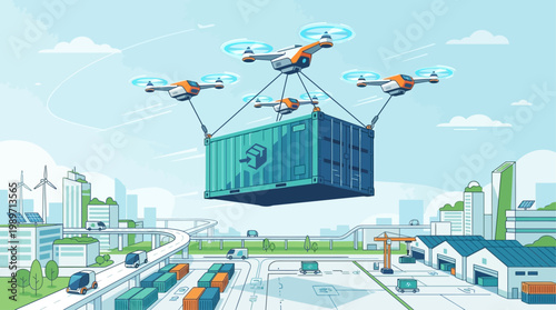 An innovative flat design illustration envisioning future logistics with a shipping container being transported by an array of delivery drones. This graphic highlights technological advancements