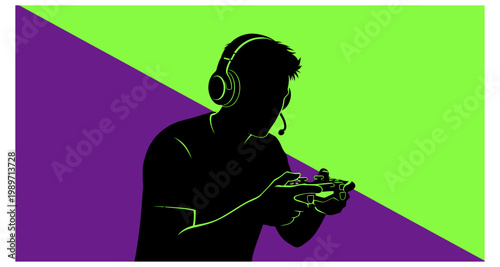 Silhouette of a gamer intensely focused on playing a video game