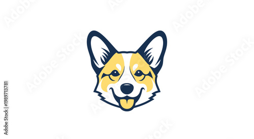 Cute Corgi dog head illustration with happy expression and tongue out. Adorable cartoon pet face vector graphic design.