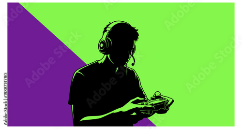 Silhouette of a gamer intensely focused while playing video games