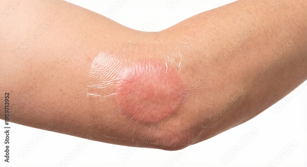 Fototapeta premium Transparent film dressing on reddened elbow skin