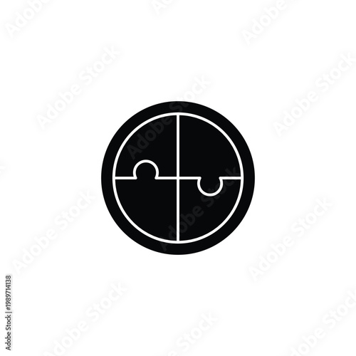 A black and white circular graphic design featuring four puzzle pieces fitting together to form a complete circle.