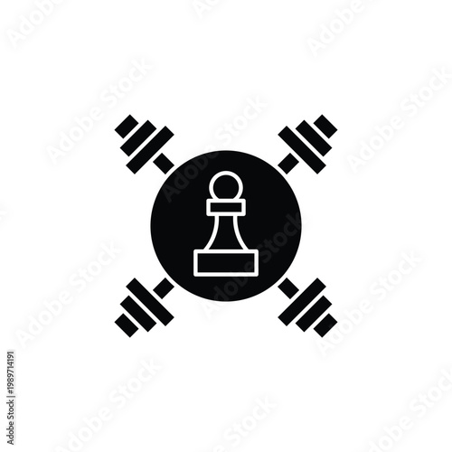 Black and white icon combining a chess pawn and crossed barbells for mind and body fitness.