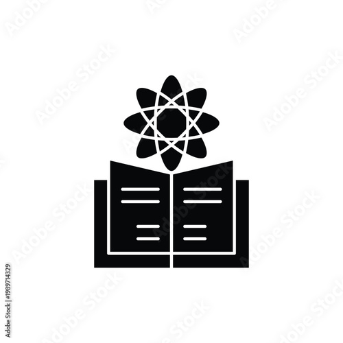 Black silhouette icon of an open book with an atomic symbol representing science, physics, and education.