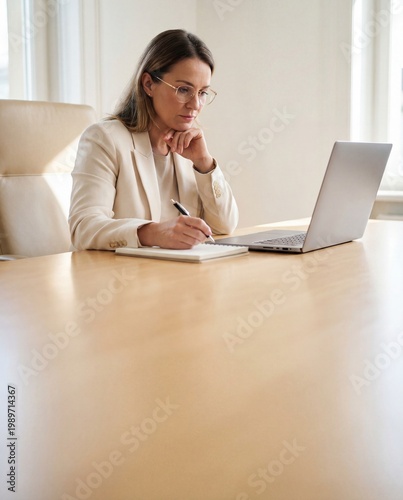 Professional woman writing notes while working on laptop in office  