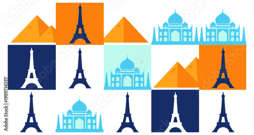 Stylized illustration featuring iconic landmarks pyramids eiffel tower and taj mahal