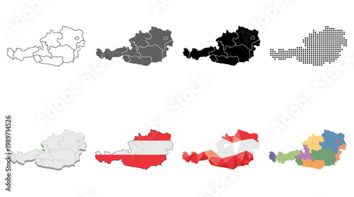 Austria Map Set with Regions and Borders, Outline, Silhouette, Flag Colors, Dotted, and Low Poly design
