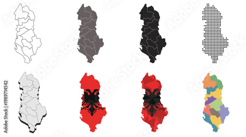 Albania Map Set with Regions and Borders, Outline, Silhouette, Flag Colors, Dotted, and Low Poly design
