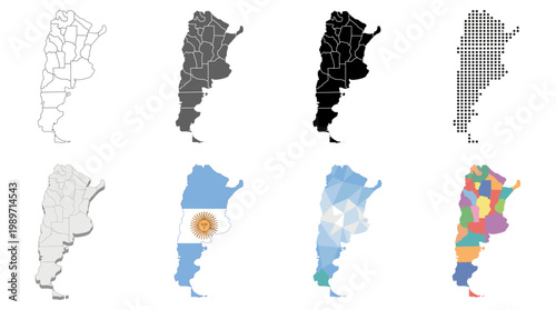 Argentina Map Set with Regions and Borders, Outline, Silhouette, Flag Colors, Dotted, and Low Poly design
