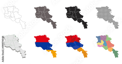 Armenia Map Set with Regions and Borders, Outline, Silhouette, Flag Colors, Dotted, and Low Poly design
