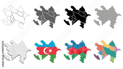 Azerbaijan Map Set with Regions and Borders, Outline, Silhouette, Flag Colors, Dotted, and Low Poly design
