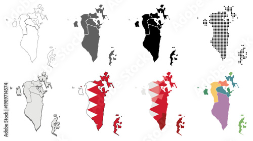 Bahrain Map Set with Regions and Borders, Outline, Silhouette, Flag Colors, Dotted, and Low Poly design
