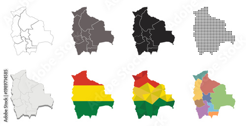 Bolivia Map Set with Regions and Borders, Outline, Silhouette, Flag Colors, Dotted, and Low Poly design
