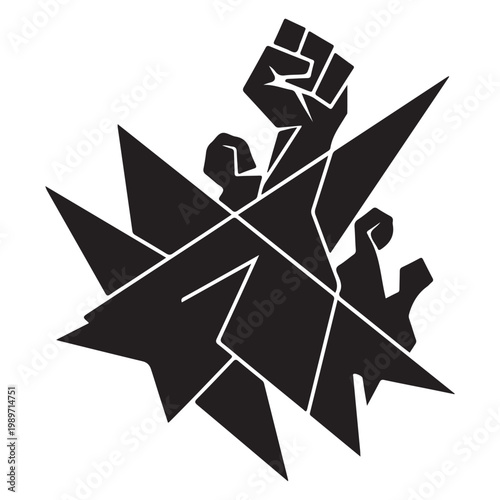 Black Silhouette of a Raised Fist with Sharp Geometric Shapes Vector Illustration for Protest and Activism Concepts