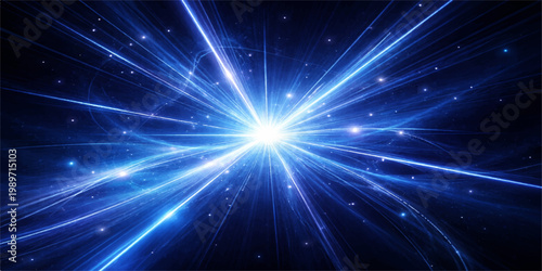An abstract blue space background features a bright galaxy burst with glowing stars and shiny laser light rays across a cosmic design