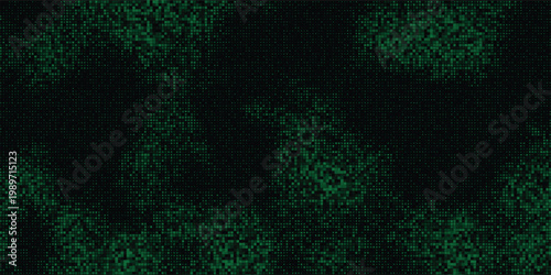 Futuristic dark green pixels swirl across a black digital canvas with cyber matrix energy and immersive virtual motion, vector art