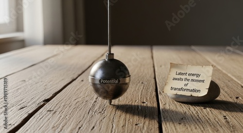 Pendulum labeled Potential poised on wooden surface