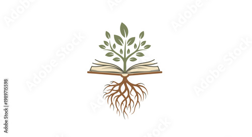 Open Book with Tree and Exposed Roots Growing From It Symbolizing Deep Knowledge on Isolated White Background