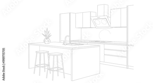 Perspective Line Art Illustration of a Modern Kitchen Interior with Island and Appliances