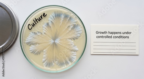 Petri dish culture with bacterial growth and notes