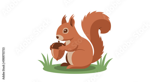 Cute Squirrel Standing on Green Grass Holding an Acorn on Isolated White Background